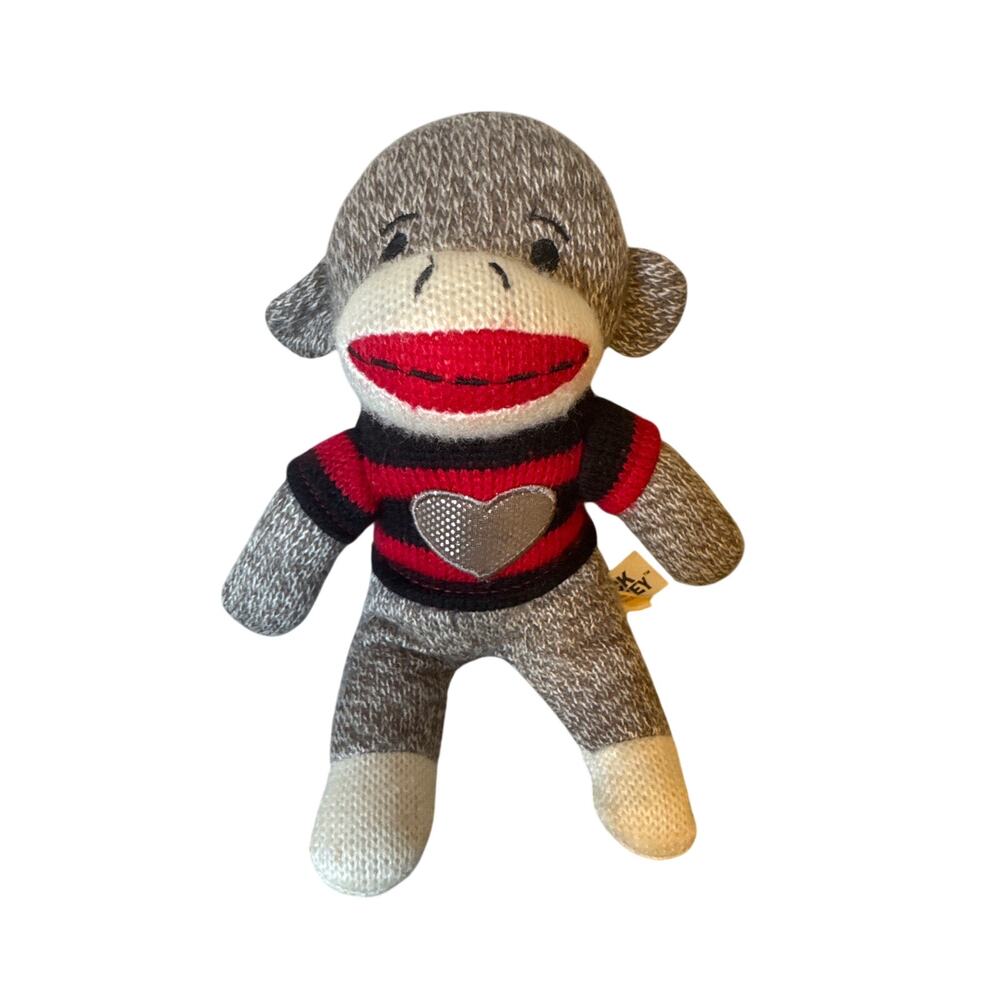 Dan Dee Sock Monkey Plush Red Black Striped Sweater Silver Heart Doll Toy 9"